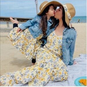 Joie Floral Mommy and Me Cotton Blend Yellow Gray Thin Strap Maxi Tier Dress 2